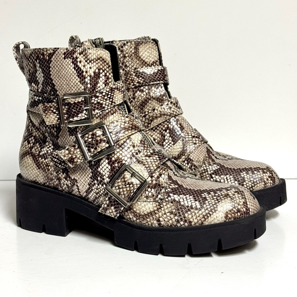 BP Brass Plum Lilly Buckle Zip Snake Print Moto Combat Boots Women's 8.5M Python